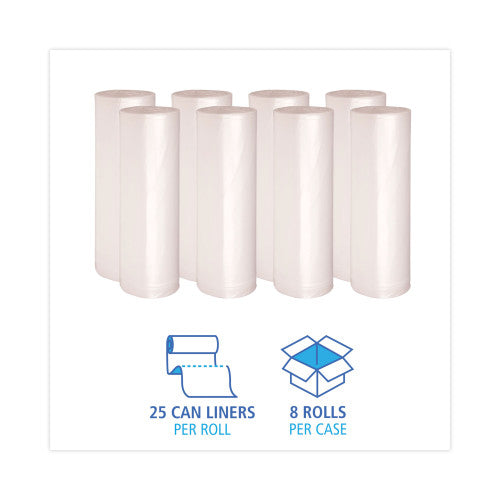 Boardwalk High Density Industrial Can Liners Coreless Rolls, 60 gal, 13 mic, 38" x 60", Natural, Perforated, 25 Bags/Roll, 8 Rolls/CT (BWKRH3860H)