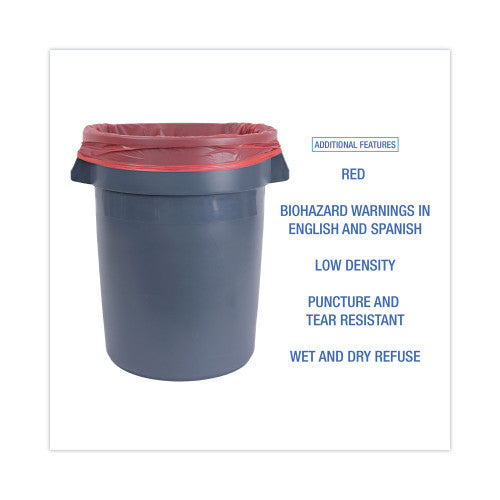 Boardwalk Linear Low Density Health Care Trash Can Liners, 33 gal, 1.3 mil, 33" x 39", Red, Flat Pack, 150/Carton (BWKIW3339R)