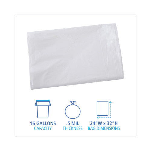 Boardwalk Linear Low Density Industrial Can Liners, 16 gal, 0.5 mil, 24" x 32", White, Flat Pack, 500/Carton (BWKW2432X)