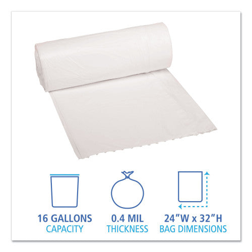 Boardwalk Low-Density Waste Can Liners, 16 gal, 0.4 mil, 24" x 32", White, Perforated Roll, 25 Bags/Roll, 20 Rolls/Carton (BWK2432EXH)