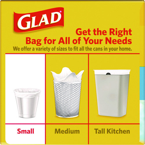 Glad OdorShield Quick-Tie Small Trash Bags, Tie-Flap, 4 gal, Fresh Clean Scent, 8" x 18", White, 26 Bags/Box, 6 Boxes/Carton (78812)
