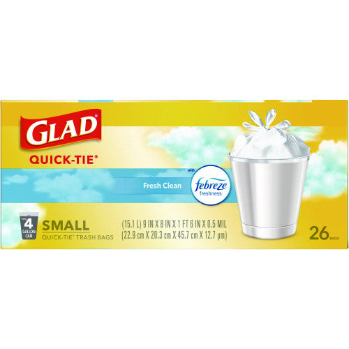 Glad OdorShield Quick-Tie Small Trash Bags, Tie-Flap, 4 gal, Fresh Clean Scent, 8" x 18", White, 26 Bags/Box, 6 Boxes/Carton (78812)