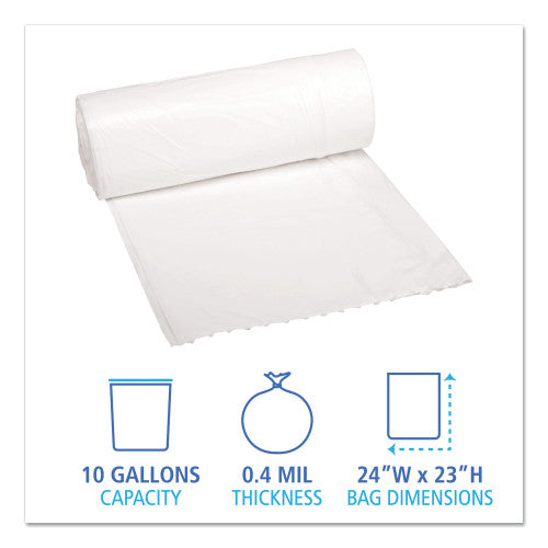 Boardwalk Low-Density Waste Can Liners, 10 gal, 0.4 mil, 24" x 23", White, Perforated Roll, 25 Bags/Roll, 20 Rolls/Carton (BWK2423EXH)