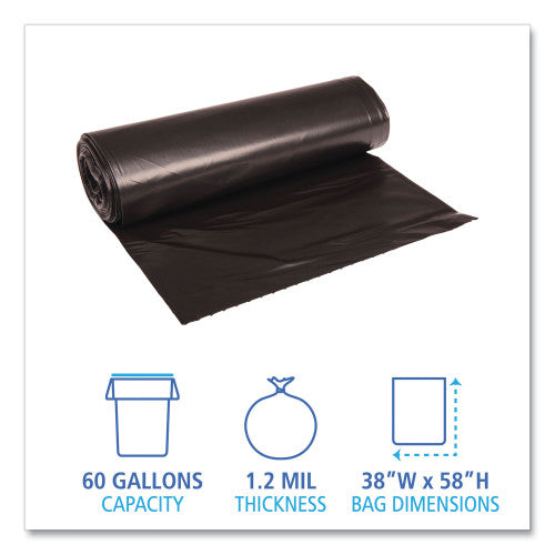 Boardwalk Recycled Low-Density Polyethylene Can Liners, 60 gal, 1.2 mil, 38" x 58", Black, Perforated, 10 Bags/Roll, 10 Rolls/Carton (BWK519)