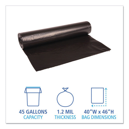 Boardwalk Recycled Low-Density Polyethylene Can Liners, 45 gal, 1.2 mil, 40" x 46", Black, Perforated, 10 Bags/Roll, 10 Rolls/Carton (BWK517)