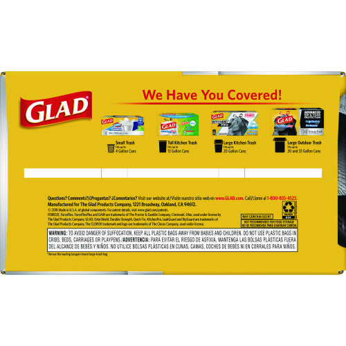 Glad ForceFlexPlus Drawstring Large Trash Bags, 30 gal, 1.05 mil, 30" x 32", Black, 70/Box (70358)