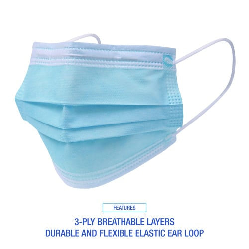 Boardwalk® Three-Ply General Use Face Mask, Blue, 50/Box