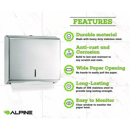 Alpine Horizontal C-Fold/Multi-Fold Paper Towel Dispenser, 10.2 x 4 x 11.2, Brushed Nickel