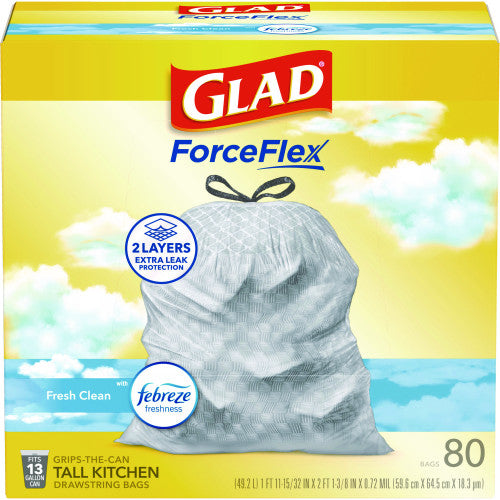 Glad ForceFlex Kitchen Drawstring Trash Bags, 13 gal, Fresh Clean Scent, 24" x 27.38", White, 80/Box (78899BX)