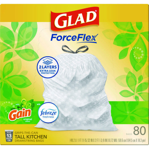 Glad ForceFlex Kitchen Drawstring Trash Bags, 13 gal, Gain Original Scent, 24" x 27.38", White, 80/Box (78900BX)