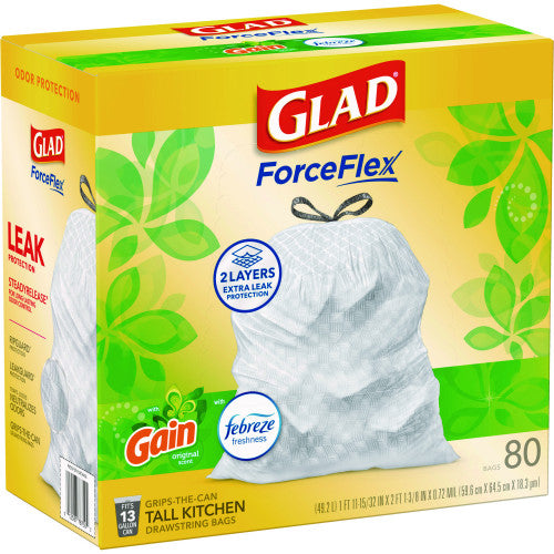 Glad ForceFlex Kitchen Drawstring Trash Bags, 13 gal, Gain Original Scent, 24" x 27.38", White, 80/Box (78900BX)