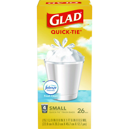 Glad OdorShield Quick-Tie Small Trash Bags, Tie-Flap, 4 gal, Fresh Clean Scent, 8" x 18", White, 26 Bags/Box, 6 Boxes/Carton (78812)