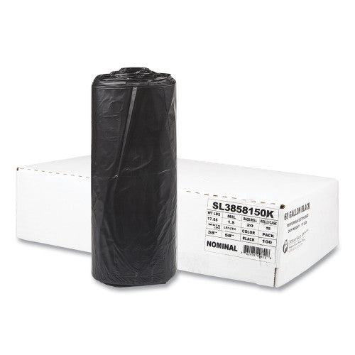 Inteplast Group Low-Density Commercial Can Liners, 60 gal, 1.5 mil, 38" x 58", Black, Interleaved Roll, 20 Bags/Roll, 5 Rolls/Carton (SL3858150K)